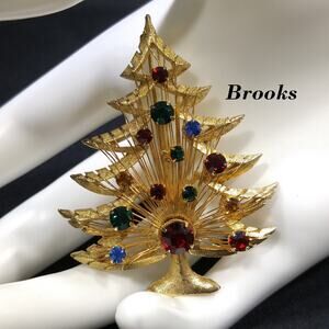 Vintage Brooks Harp Christmas Tree Brooch, Gold Tone, 1960s Holiday Pin